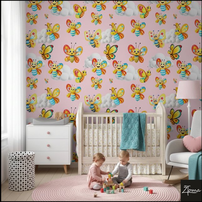 Happy Butterfly Cloud Sky Pattern - roze Behang (Creator heeft geüpload)