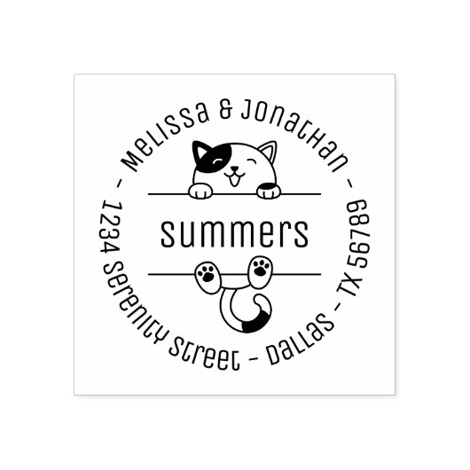 Happy Calico Cat Couple Family Round Address 2 Rubberstempel (Afrduk)