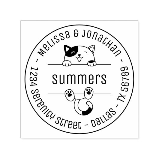 Happy Calico Cat Couple Family Round Address Zelfinktende Stempel (Design)