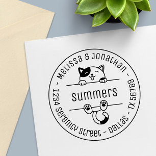 Happy Calico Cat Couple Family Round Address Zelfinktende Stempel