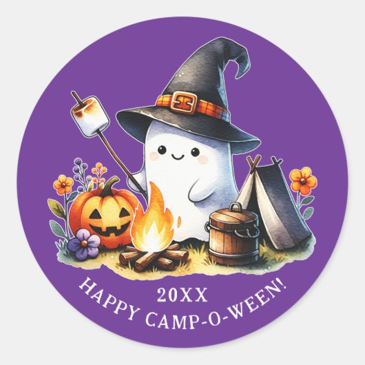 Happy Camp-o-ween Ghost Camping Halloween Paarse Ronde Sticker (Voorkant)