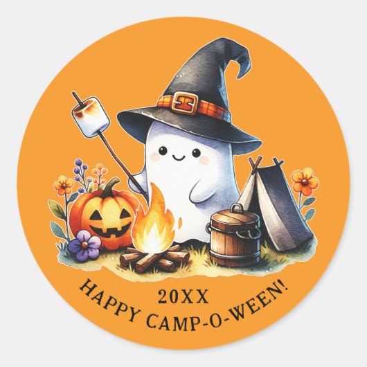 Happy Camp-o-ween Ghost Camping Halloween Sinaasap Ronde Sticker (Voorkant)