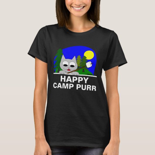 "Happy Camp Purr" Grappige Camping Kat T-shirt (Voorkant)