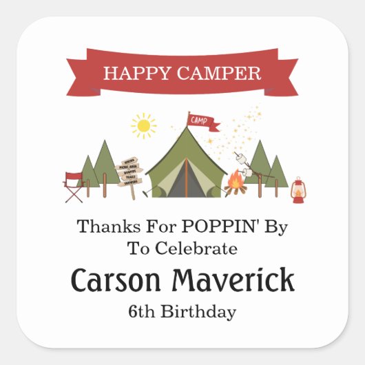 Happy Camper Adventure Birthday Vierkante Sticker (Voorkant)