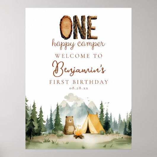 Happy Camper Bear 1st Birthday Welcome Sign Poster (Voorkant)