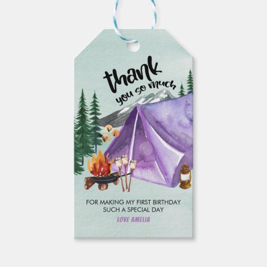 Happy Camper bedankt je Paarse tent Cadeaulabel (Voorkant)