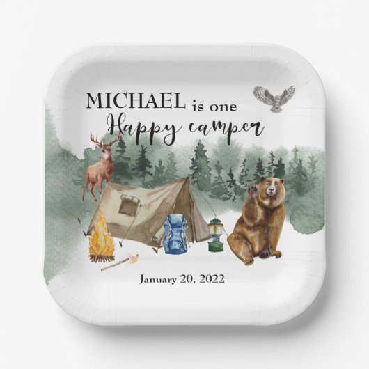 Happy Camper Birthday Forest Beer Papieren Bordje (Voorkant)
