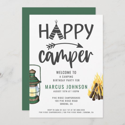 Happy Camper Boy's Birthday Party Kaart (Voorkant / Achterkant)