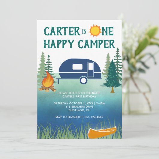 Happy Camper Boys eerste verjaardag uitnodiging (Staand voorkant)