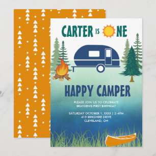 Happy Camper Boys eerste verjaardag uitnodiging