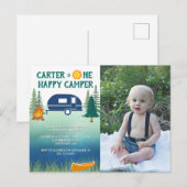 Happy Camper Boys First Birthday Photo Invitation  Briefkaart (Voorkant / Achterkant)
