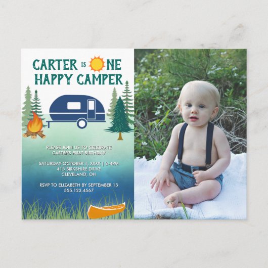 Happy Camper Boys First Birthday Photo Invitation  Briefkaart (Voorkant)