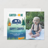 Happy Camper Boys First Birthday Photo Invitation Briefkaart (Voorkant / Achterkant)