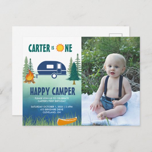 Happy Camper Boys First Birthday Photo Invitation Briefkaart (Voorkant / Achterkant)