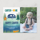 Happy Camper Boys First Birthday Photo Invitation Briefkaart (Voorkant)