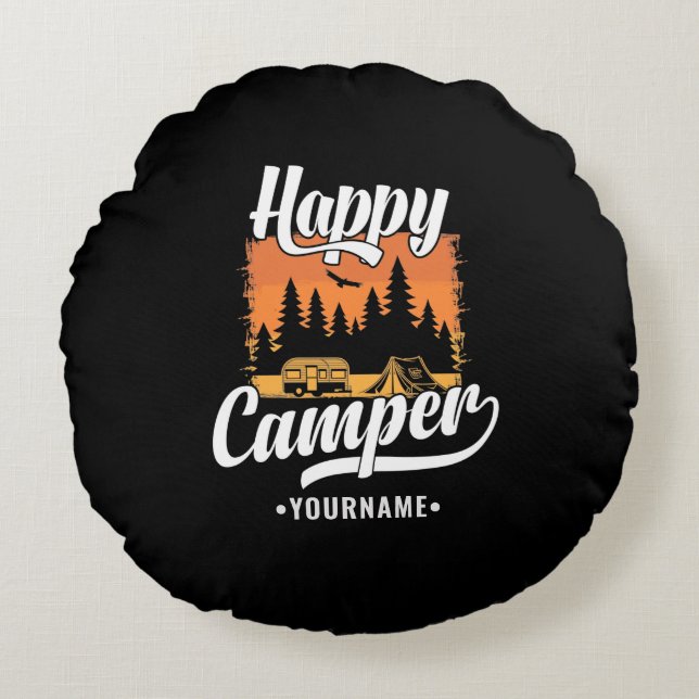 Happy Camper Camping Hiking Travel Caravan Life Rond Kussen (Voorkant)