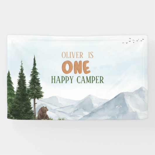 Happy Camper Forest Boy Verjaardagsfeestje Spandoek (Horizontaal)