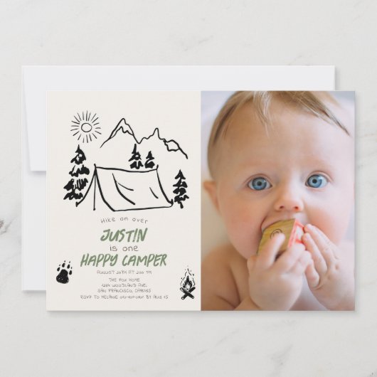 Happy Camper Hand-getrokken Tent Foto 1e Verjaarda Kaart (Voorkant)