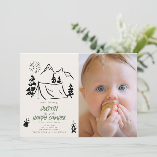Happy Camper Hand-getrokken Tent Foto 1e Verjaarda Kaart (Staand voorkant)