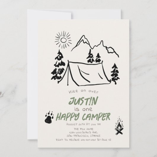 Happy Camper Hand-getrokken Tent Mountain 1e verja Kaart (Voorkant)