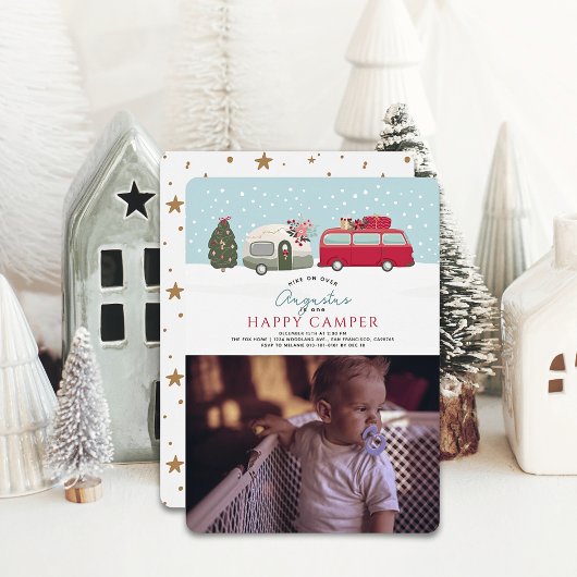 Happy Camper Kerstblauw 1e Verjaardag Foto Kaart