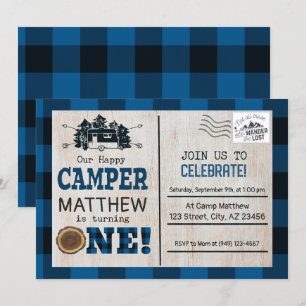 Happy Camper Lumberjack Flannel First Birthday Kaart
