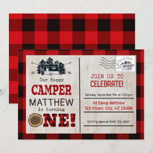 Happy Camper Lumberjack Flannel First Birthday Kaart