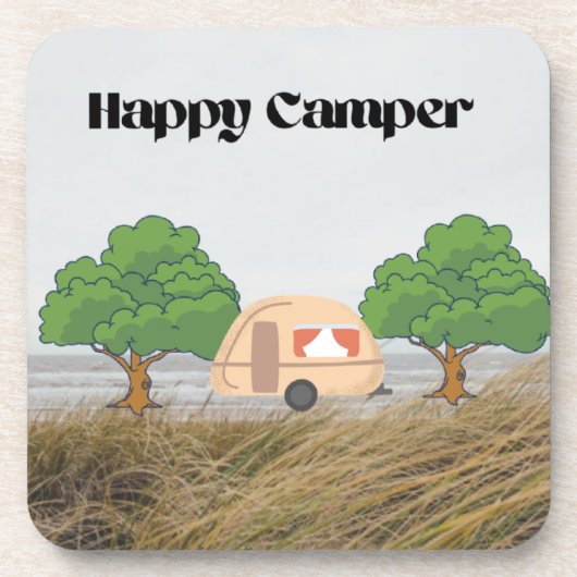 Happy Camper met Camper en Trees op een Bier Onderzetter (Voorkant)