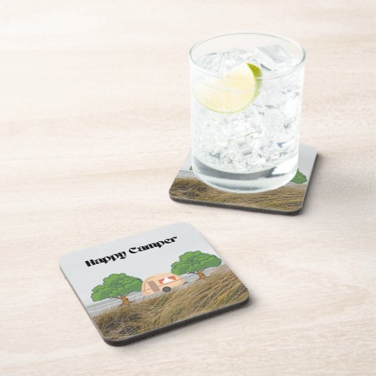 Happy Camper met een camper in de bomen op een Bier Onderzetter (Rechterzijde)