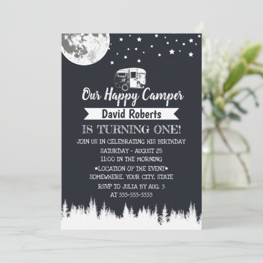 Happy Camper Moon Stars Forest Birthday Kaart (Staand voorkant)