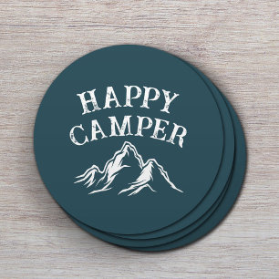 Happy Camper Mountain Adventure Blauwgroen Camping Ronde Kartonnen Onderzetter