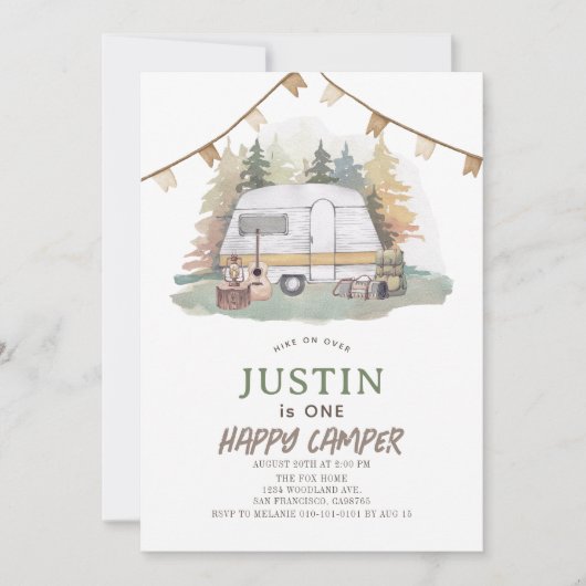 Happy Camper Mountain Forest Boy 1e Verjaardag Kaart (Voorkant)