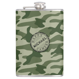 Happy Camper Olive Green Camo Name Camping Travel Heupfles