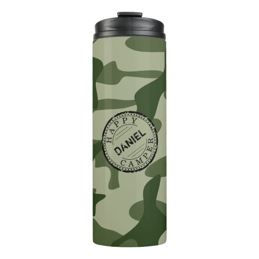Happy Camper Olive Green Camo Name Camping Travel Thermosbeker (Voorkant)