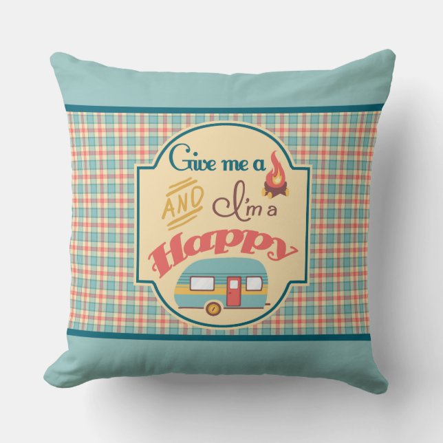 Happy Camper Personalized Pillow (Aqua & Coral) Kussen (Voorkant)