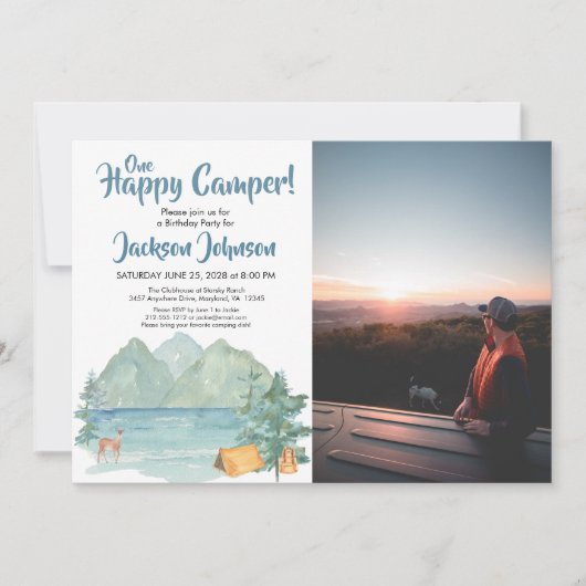 Happy Camper Photo Rustic Mountains Birthday Kaart (Voorkant)