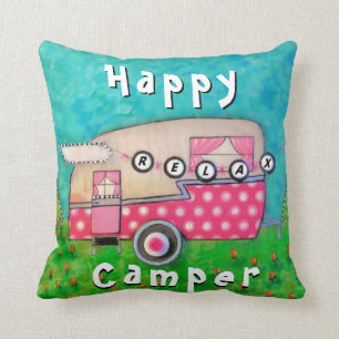 Happy Camper Pillow, Camper Art Kussen