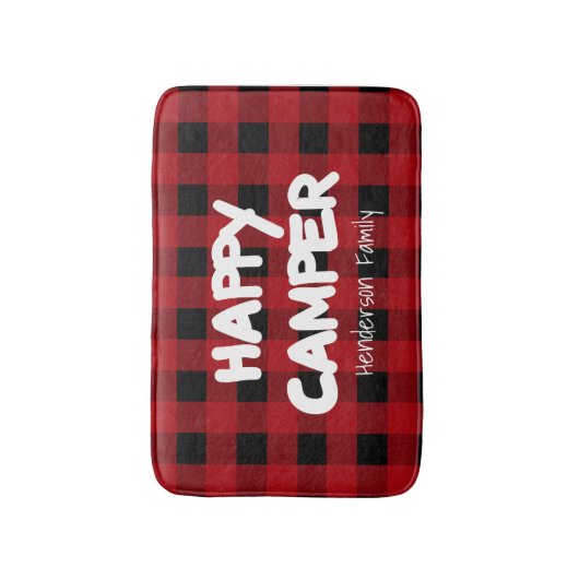 Happy Camper Red en Black Buffalo Plaid Familie Badmat (Voorkant Verticaal)