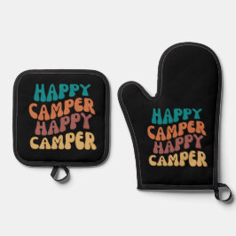 Happy Camper Retro Wavy Tekst Zwarte achtergrond Ovenwant & Pannenlap Set
