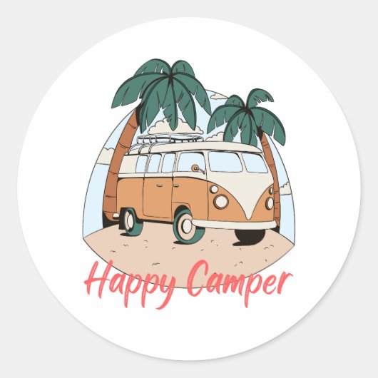 Happy camper ronde sticker (Voorkant)