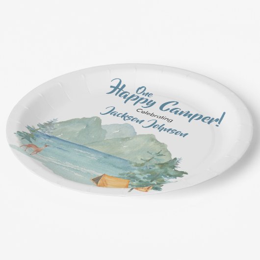 Happy Camper Rustic Mountains Waterverf Birthday Papieren Bordje (Gekanteld)