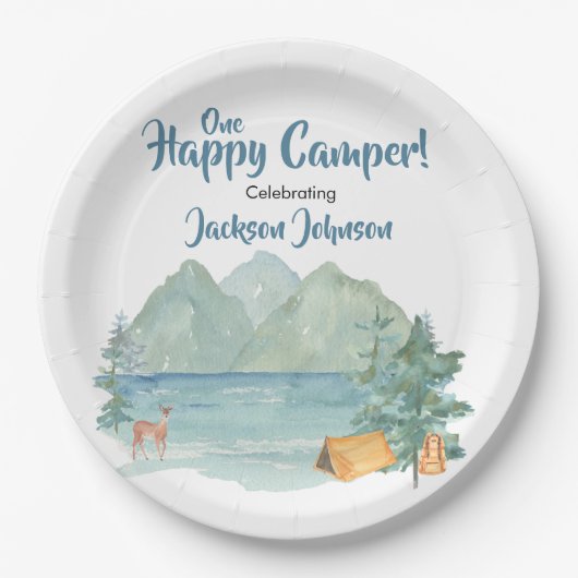 Happy Camper Rustic Mountains Waterverf Birthday Papieren Bordje (Voorkant)
