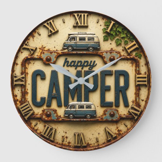 Happy Camper RV Adventure Gift Rustic Cabin Grote Klok (Voorkant)