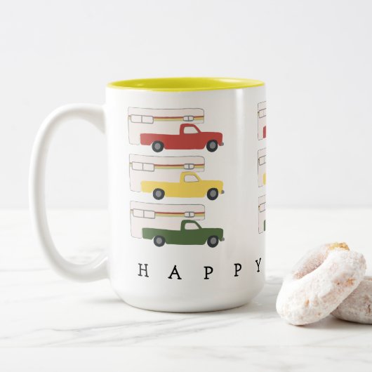 HAPPY CAMPER RV Motorhome Camping Rasta Tweekleurige Koffiemok (Met donut)