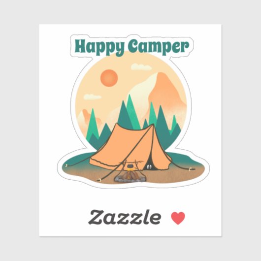 Happy Camper Sunset Mountains Funny Tent Sticker (Vel)