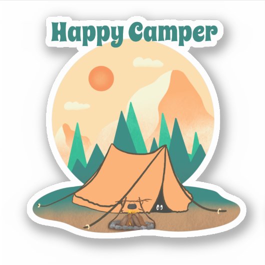 Happy Camper Sunset Mountains Funny Tent Sticker (Voorkant)