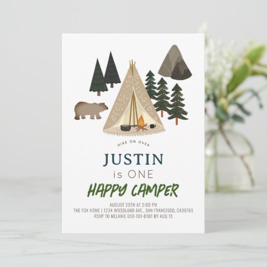 Happy Camper Tent Beer Boy 1st Birthday Uitnodigin Kaart (Staand voorkant)