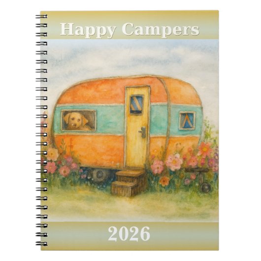 Happy Campers 2025 Spiral Notebook — Retro Caravan Notitieboek (Voorkant)