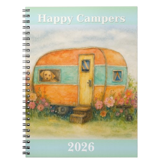 Happy Campers 2025 Spiral Notebook — Retro Caravan Notitieboek (Voorkant)