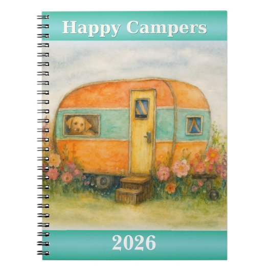Happy Campers 2025 Spiral Notebook — Retro Caravan Notitieboek (Voorkant)